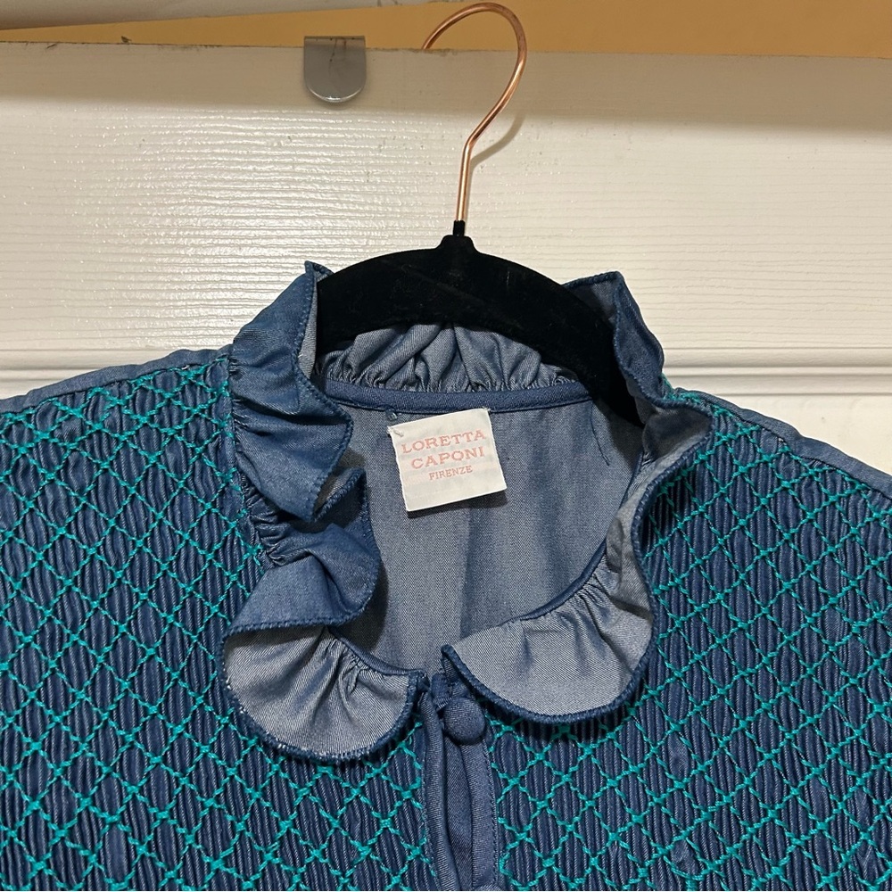 Loretta Caponi Elegant Blue Maxi Dress MockNeck Ruffle Designer Quiet Luxury Med - Picture 4 of 14